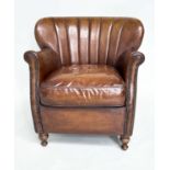 ARMCHAIR, Little Professor style with natural soft leather upholstery, brass studded scroll arms and