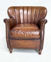 ARMCHAIR, Little Professor style with natural soft leather upholstery, brass studded scroll arms and