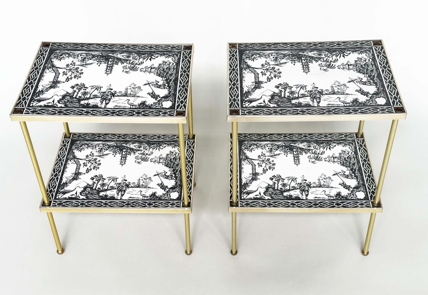 ETAGERES, a pair, Regency style, gilt metal each with two tiers and scenes depicting black and white - Image 2 of 11