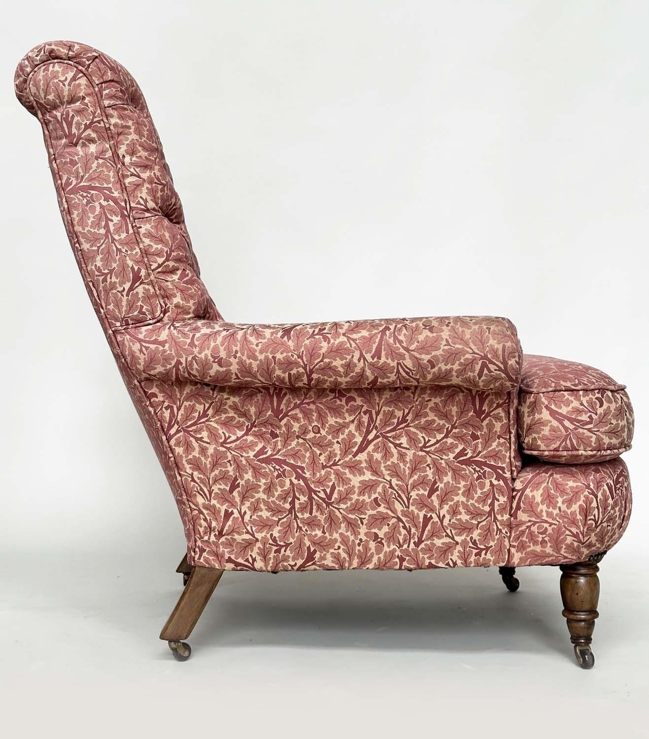 HOWARD STYLE ARMCHAIR, with button back, scroll arms, feather cushion and turned front supports - Image 3 of 7