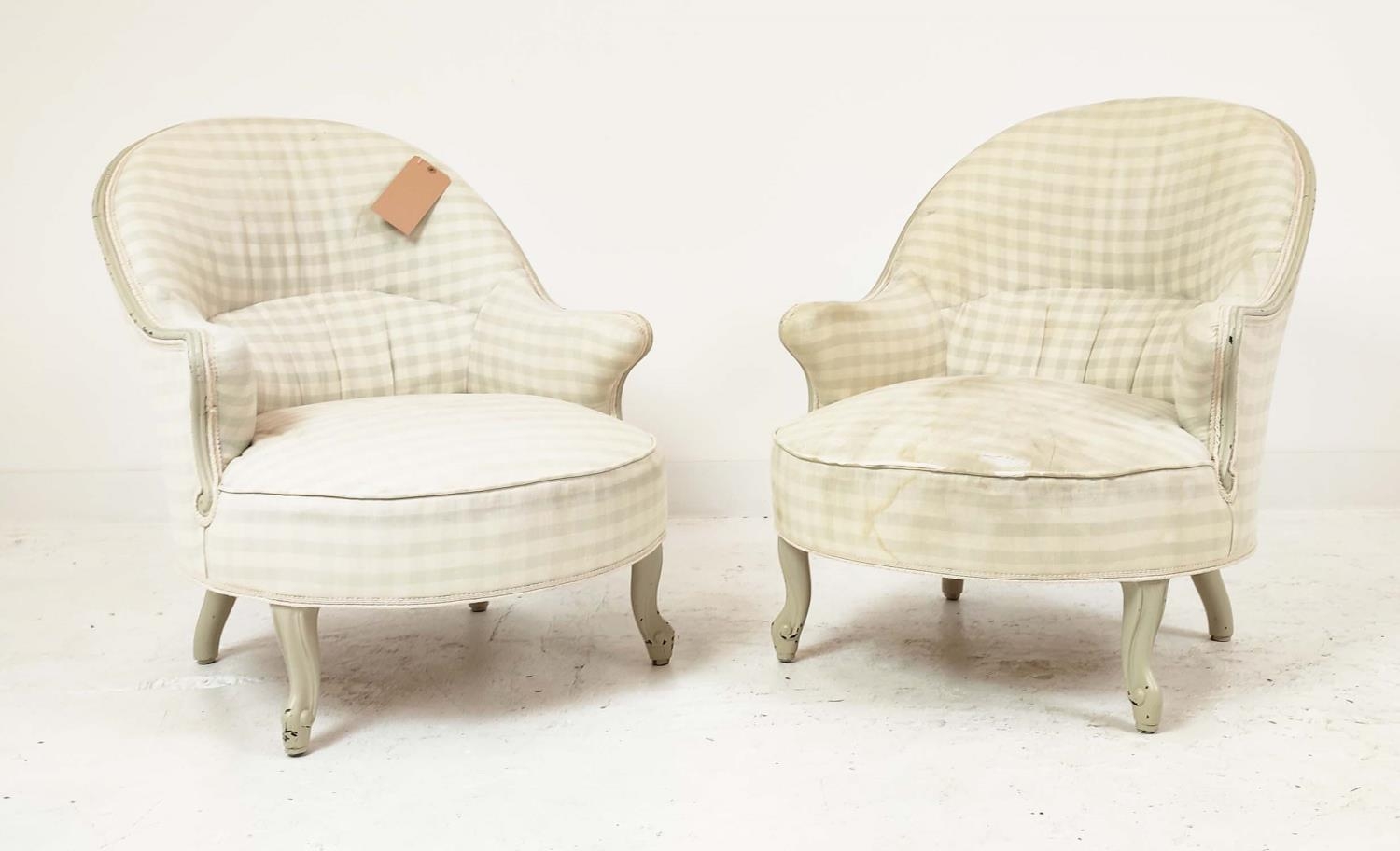 NURSING CHAIRS, a pair, Napoleon III manner in checked fabric, with each painted showframe, 62cm W x - Image 2 of 7