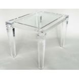 LUCITE LOW CENTRE TABLE, framed with glass inset top and square tapered supports, 80cm x 60cm x 60cm