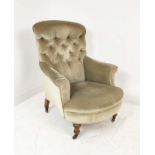 ARMCHAIR, by Cornelius V Smith, late Victorian walnut and beechwood in green velvet, back leg