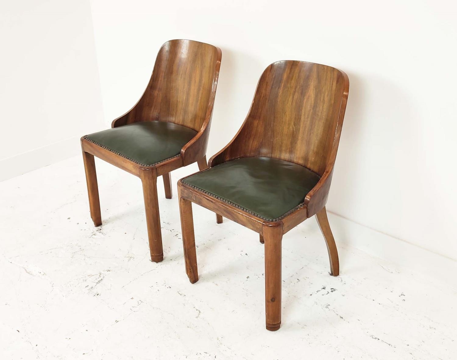 ART DECO DINING CHAIRS, a set of six, walnut, with curved backs and green leather seats, each 49cm W - Image 4 of 10