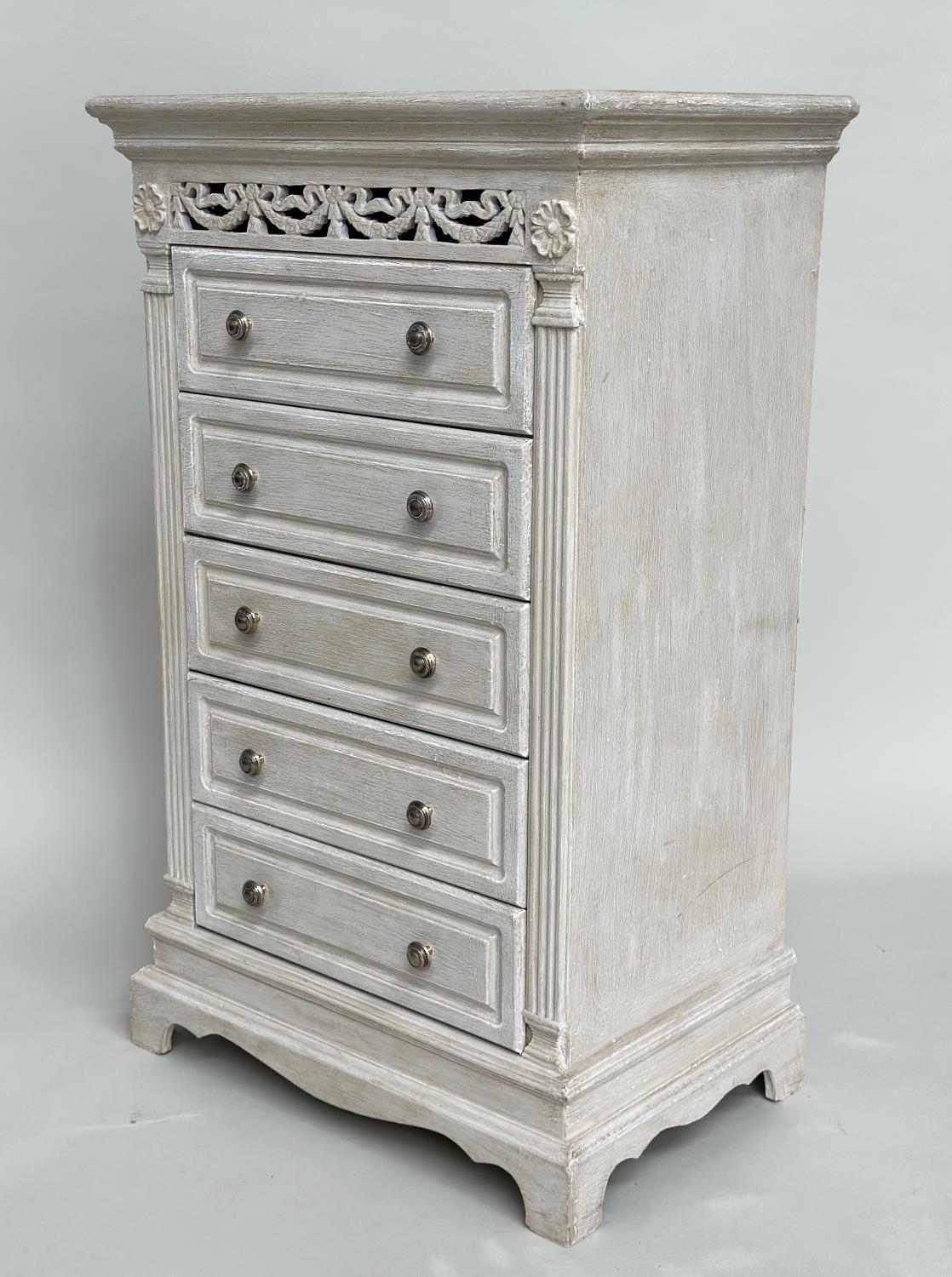 TALL CHEST, French style traditionally grey painted with pierced frieze and five drawers, 100cm H - Image 6 of 6