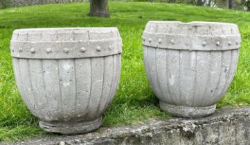 GARDEN URNS/PLANTERS, a pair, well weathered reconstituted stone circular with lobed sides, 46cm W x