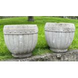 GARDEN URNS/PLANTERS, a pair, well weathered reconstituted stone circular with lobed sides, 46cm W x