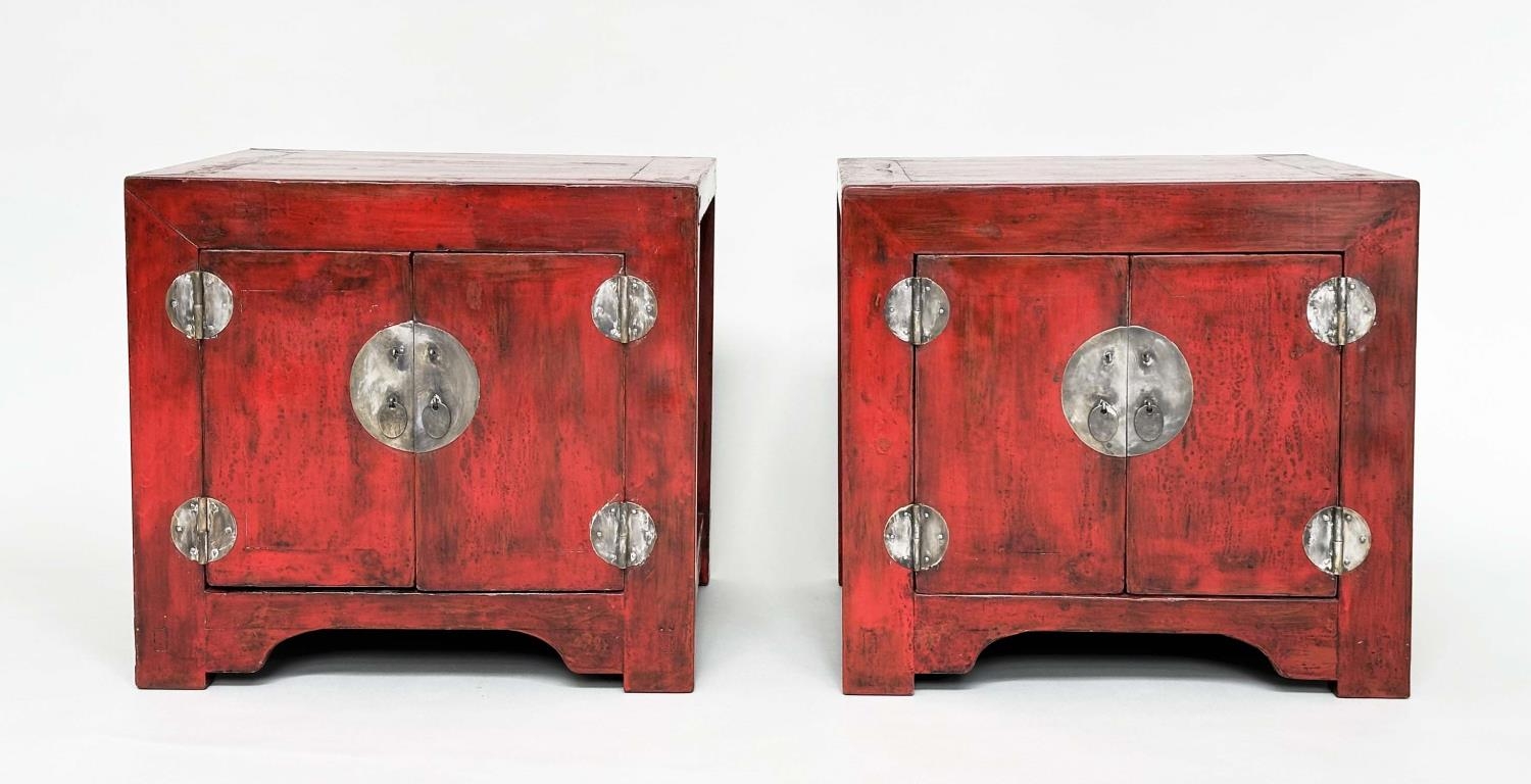 CHINESE CABINETS, a pair, cube form Chinese scarlet lacquered and silvered metal mounted, 60cm x - Image 5 of 6