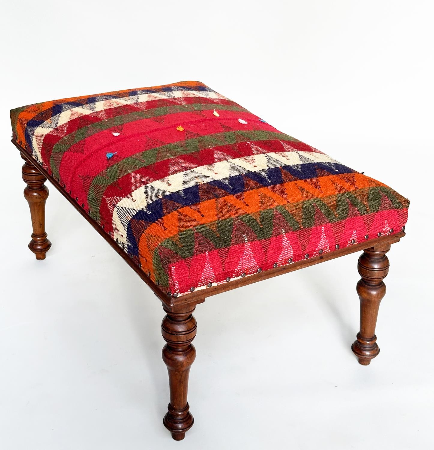 HEARTH STOOL, Victorian walnut rectangular with Persian Qashqai kelim upholstery and well turned - Image 11 of 12