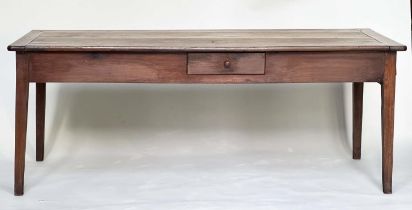 FARMHOUSE TABLE, 19th century French cherrywood with triple planked and cleated top, two frieze