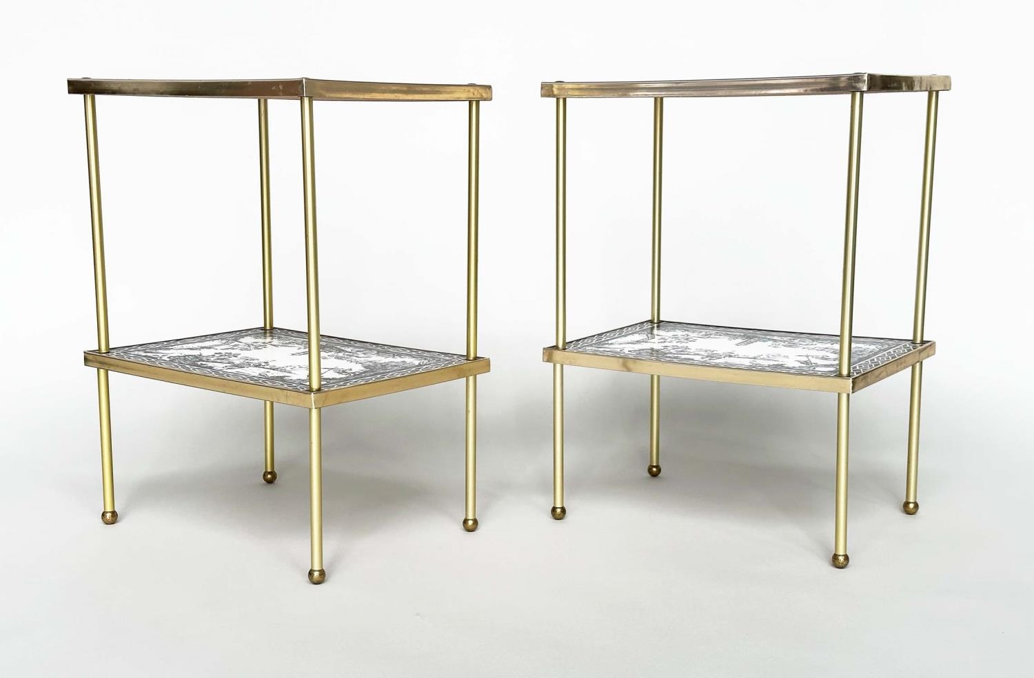 ETAGERES, a pair, Regency style, gilt metal each with two tiers and scenes depicting black and white - Image 3 of 11