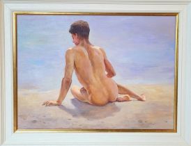 ANATOLIY DEMENKO (Ukrainian) 'On the beach', oil on canvas, 50cm x 69cm (framed).