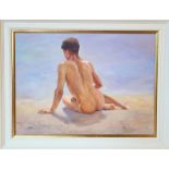 ANATOLIY DEMENKO (Ukrainian) 'On the beach', oil on canvas, 50cm x 69cm (framed).