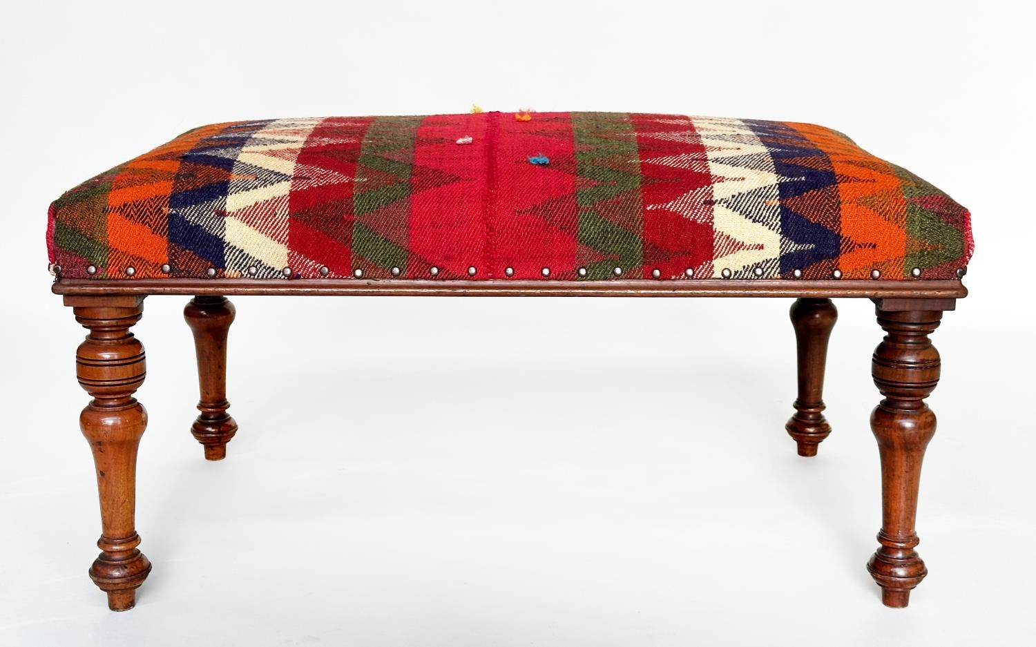 HEARTH STOOL, Victorian walnut rectangular with Persian Qashqai kelim upholstery and well turned - Image 4 of 12