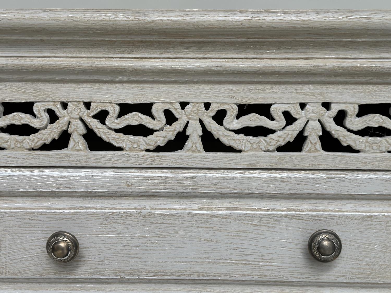 TALL CHEST, French style traditionally grey painted with pierced frieze and five drawers, 100cm H - Image 4 of 6