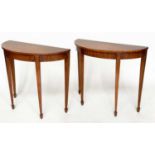 PIER TABLES, a pair, George III design satinwood and crossbanded each demilune with square