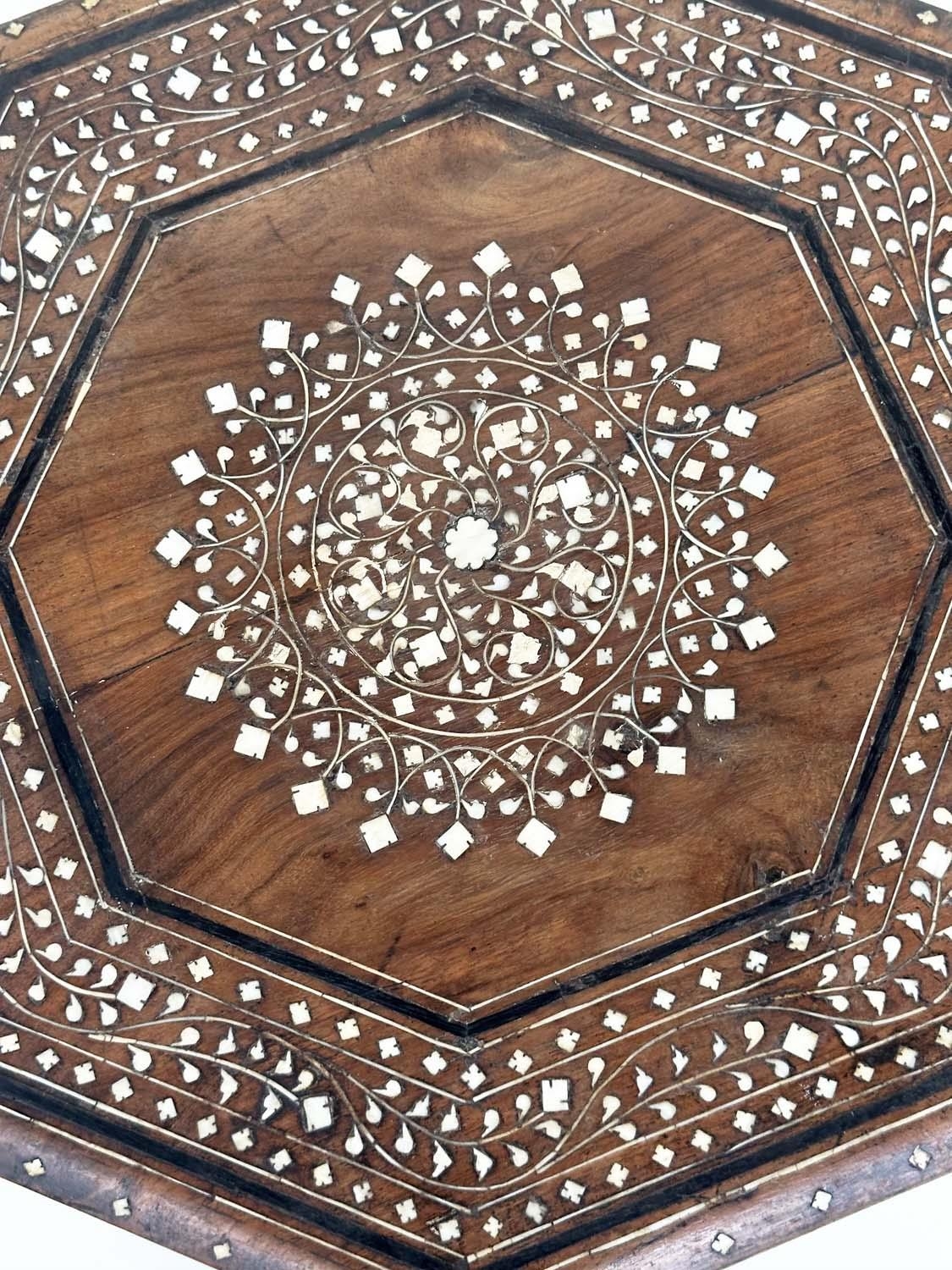 HOSHIARPUR TABLE, 19th century Indian octagonal bone and ebony inlaid, 44cm W x 44cm H. - Image 4 of 9