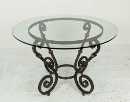 CENTRE TABLE, glass top, wrought metal base, 110cm x 77cm H.