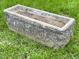 WINDOW BOX PLANTER, well weathered reconstituted stone rectangular with neo classical decoration,