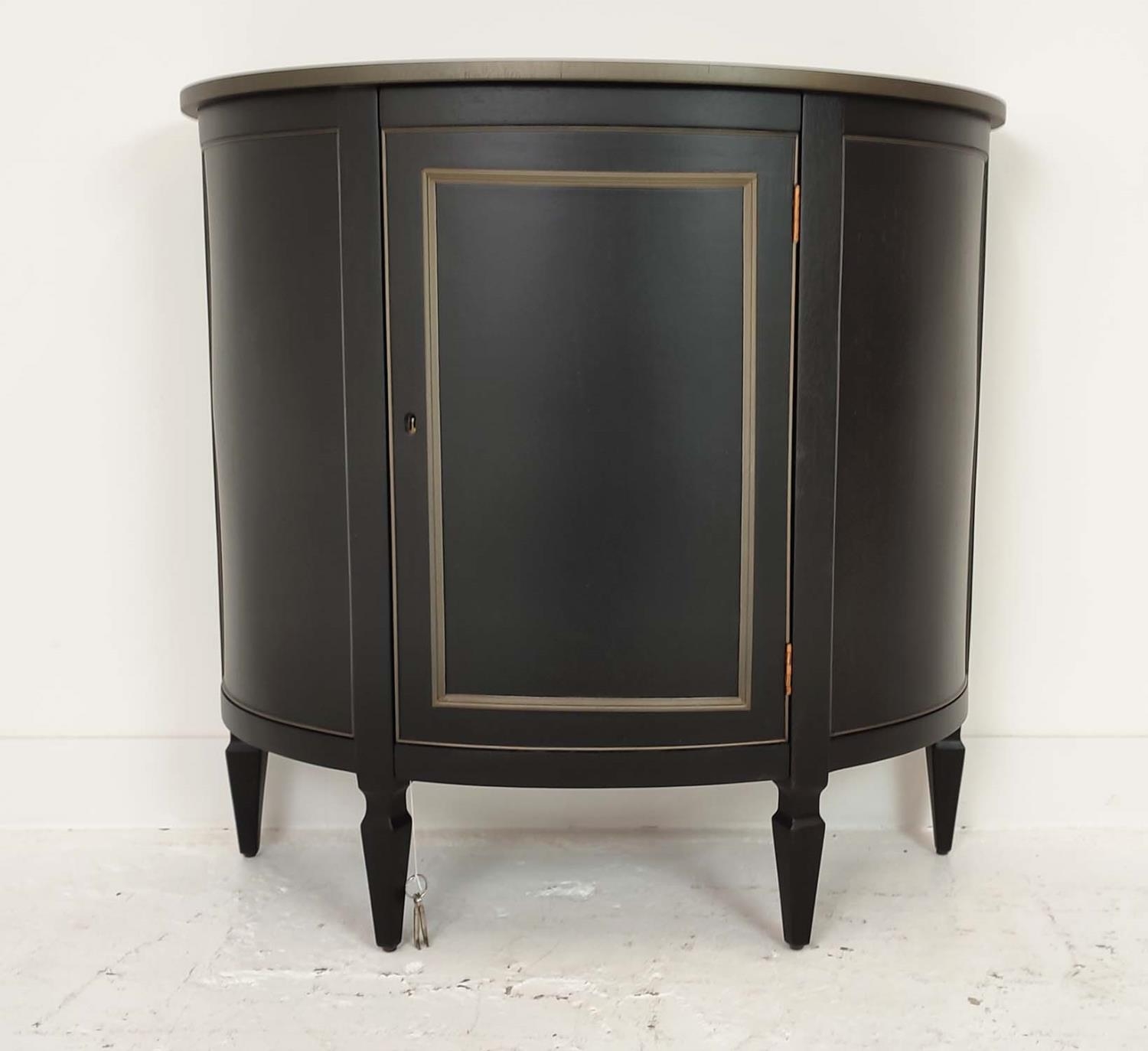 DEMI LUNE SIDE CABINET, black painted, lockable door, containing single shelf inside, 91.5cm x - Image 3 of 8