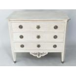 GUSTAVIAN COMMODE, 19th century grey painted and silvered metal mounted with three long drawers,