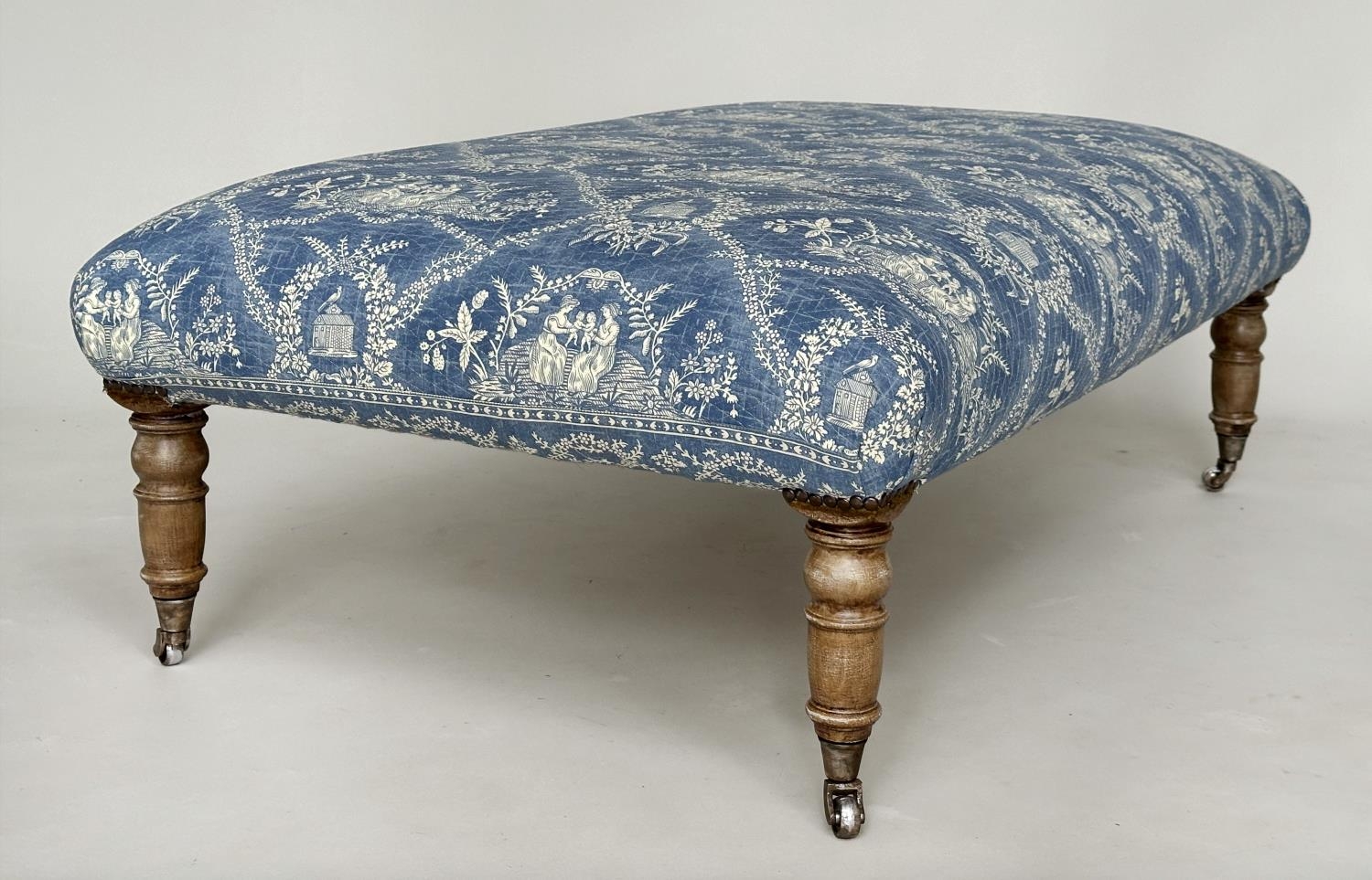 HEARTH STOOL, rectangular Pierre Frey toile de jouy upholstered with limed oak tapering supports, - Image 6 of 11