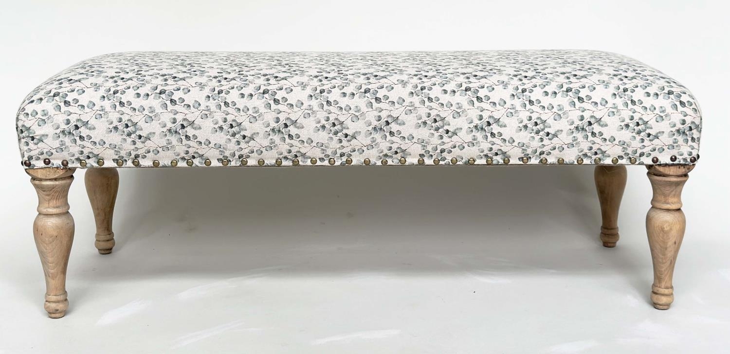 WINDOW SEAT, rectangular with close nailed eucalytus printed cotton upholstery and turned - Image 2 of 10