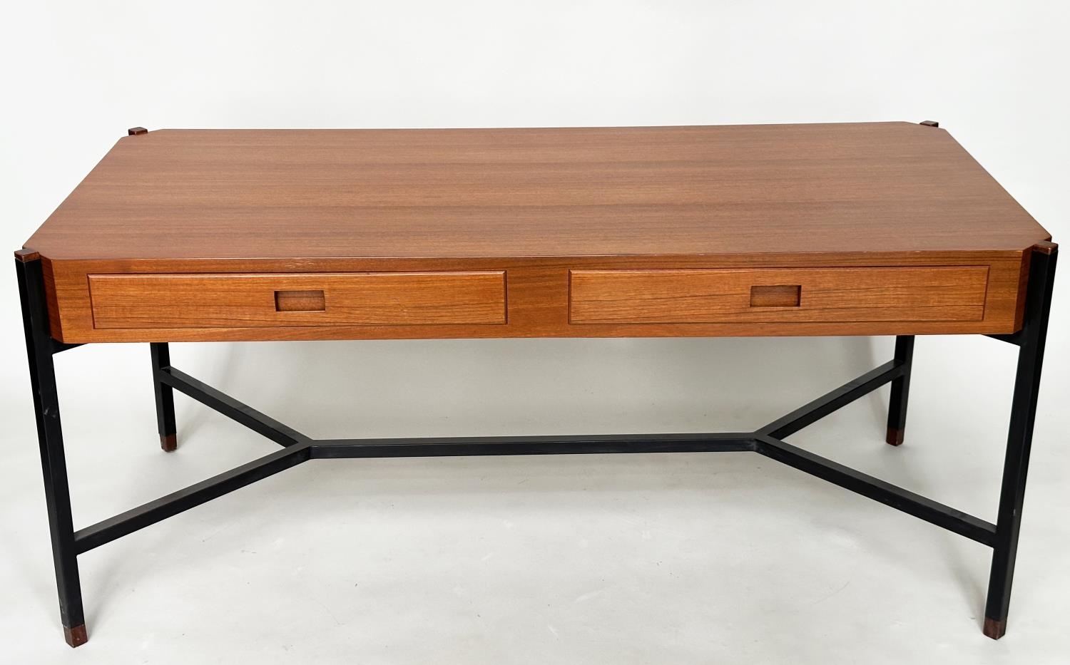 DESK, teak, in the manner of Ico Parisi, with two drawers and stretchered lacquered metal