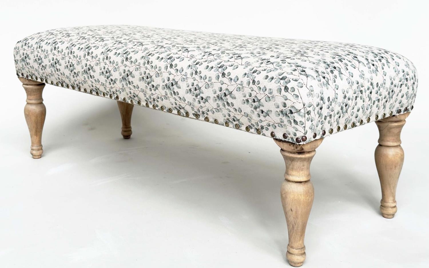 WINDOW SEAT, rectangular with close nailed eucalytus printed cotton upholstery and turned - Image 8 of 10