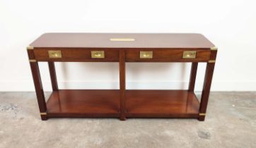 CAMPAIGN STYLE SIDE TABLE, mahogany and brass bound with two drawers, 69cm H x 137cm W x 40cm D.