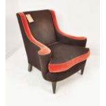 ARMCHAIR, with outswept arms and contrasting brown and russet upholstery, 87cm x 91cm H.