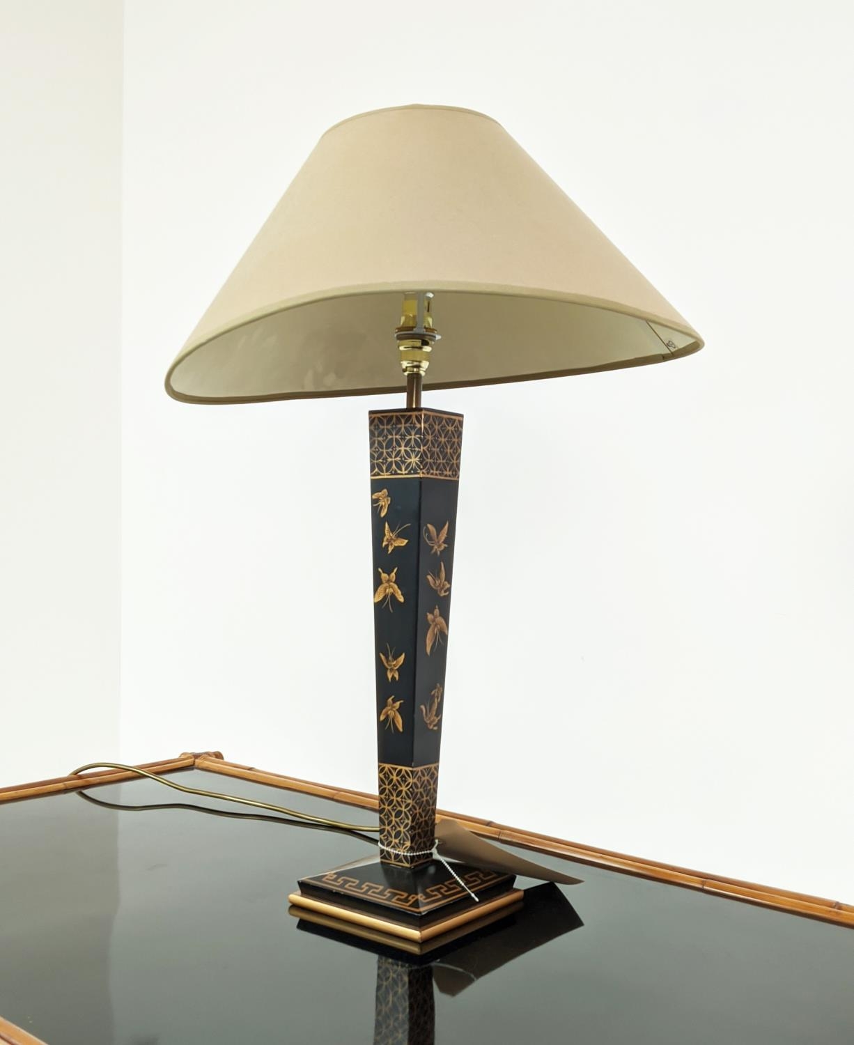 TABLE LAMP, oriental style black and gilt painted, 65cm H including shade. - Image 2 of 5