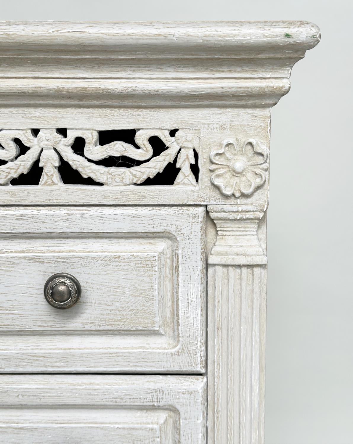 TALL CHEST, French style traditionally grey painted with pierced frieze and five drawers, 100cm H - Image 2 of 6