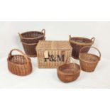 BASKETS, a set of seven, wicker in various sizes, to include a picnic hamper, 40cm H x 60cm x 40cm