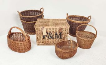 BASKETS, a set of seven, wicker in various sizes, to include a picnic hamper, 40cm H x 60cm x 40cm