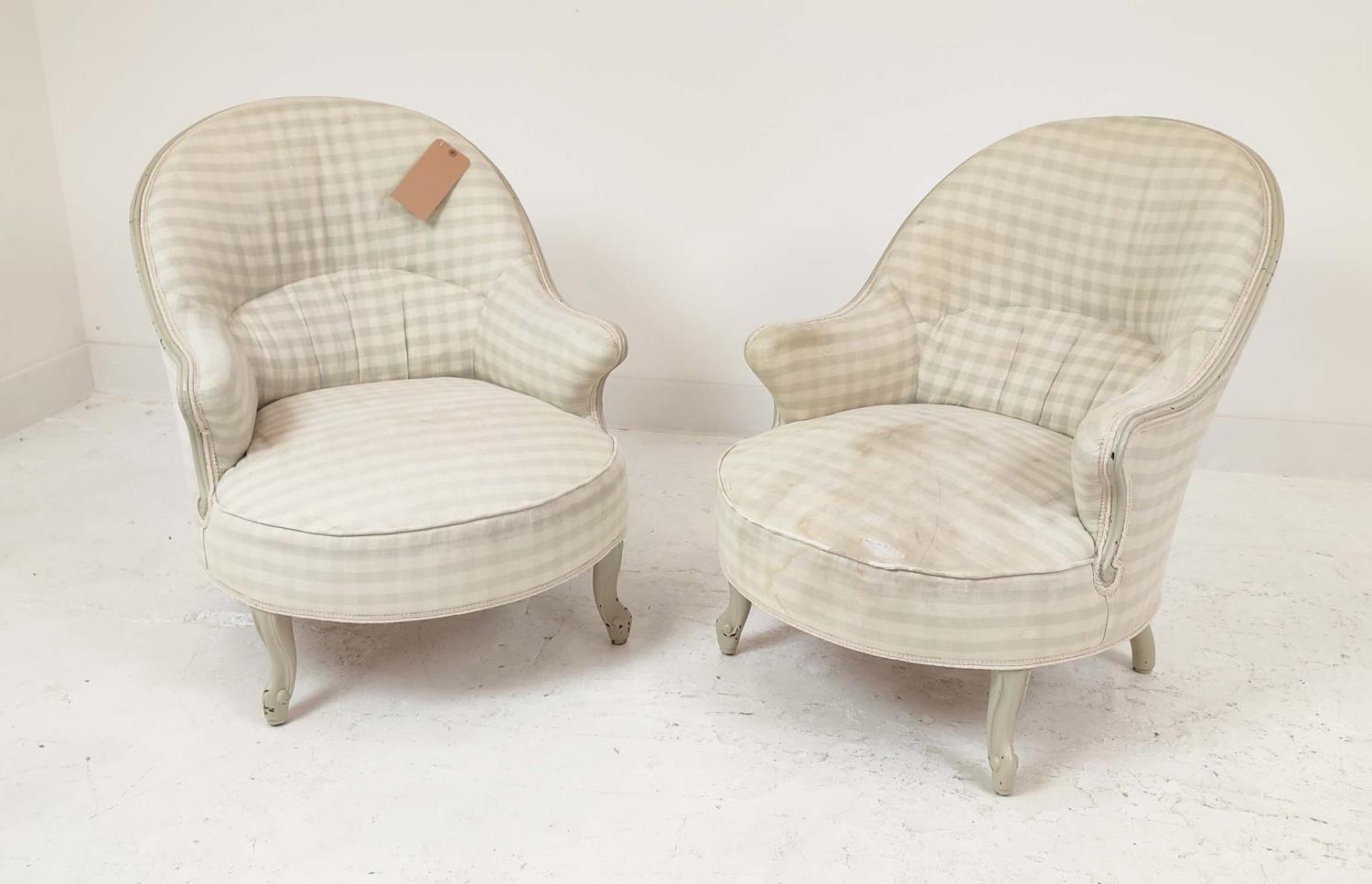 NURSING CHAIRS, a pair, Napoleon III manner in checked fabric, with each painted showframe, 62cm W x