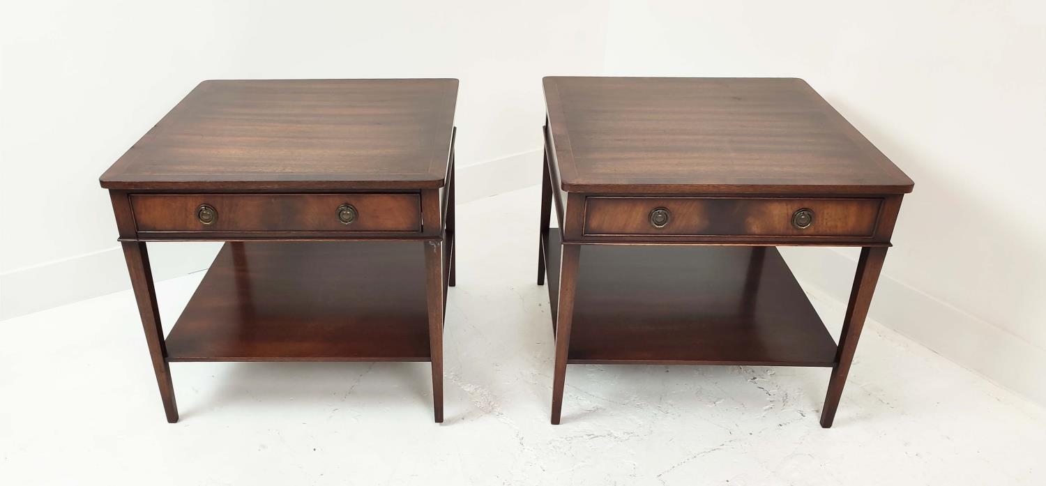 LAMP TABLES, a pair, Georgian style mahogany, each with single drawer, 53cm H x 61cm W x 61cm D. (