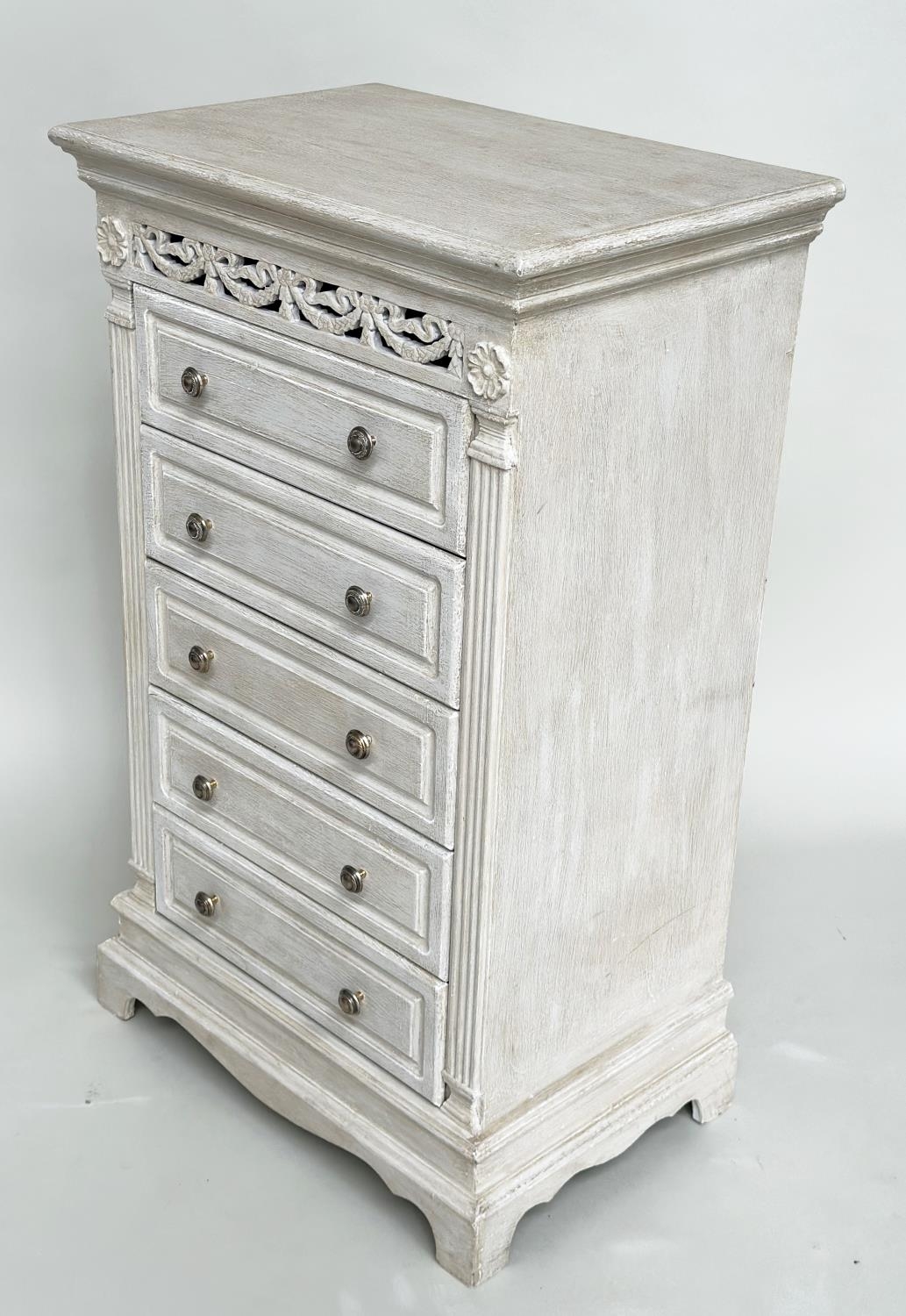 TALL CHEST, French style traditionally grey painted with pierced frieze and five drawers, 100cm H - Image 5 of 6