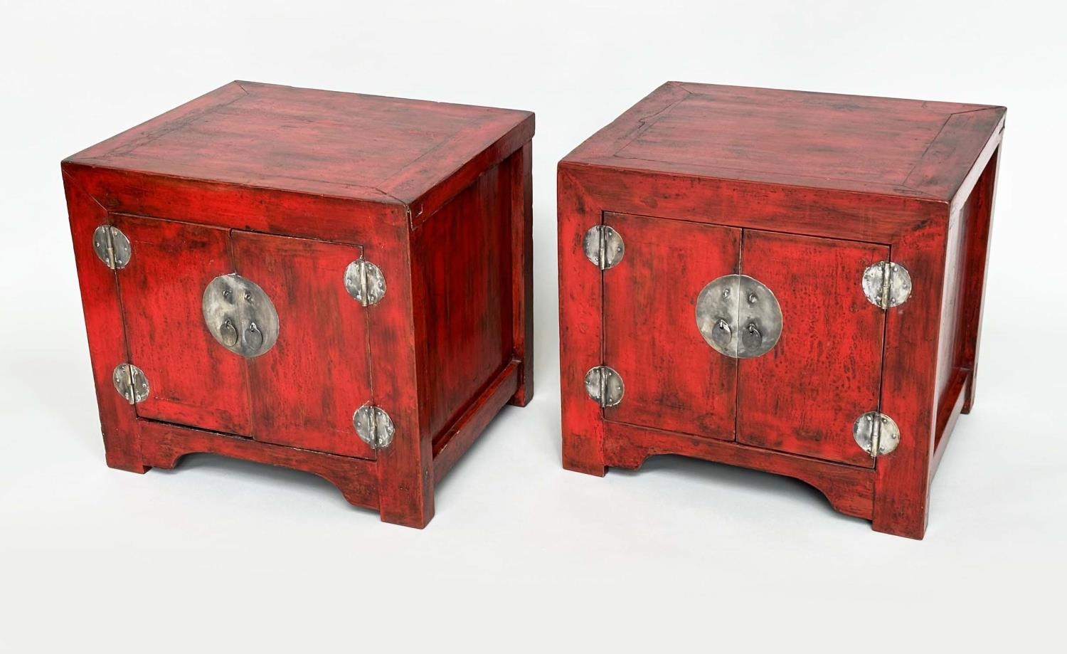 CHINESE CABINETS, a pair, cube form Chinese scarlet lacquered and silvered metal mounted, 60cm x