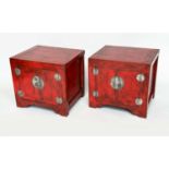 CHINESE CABINETS, a pair, cube form Chinese scarlet lacquered and silvered metal mounted, 60cm x