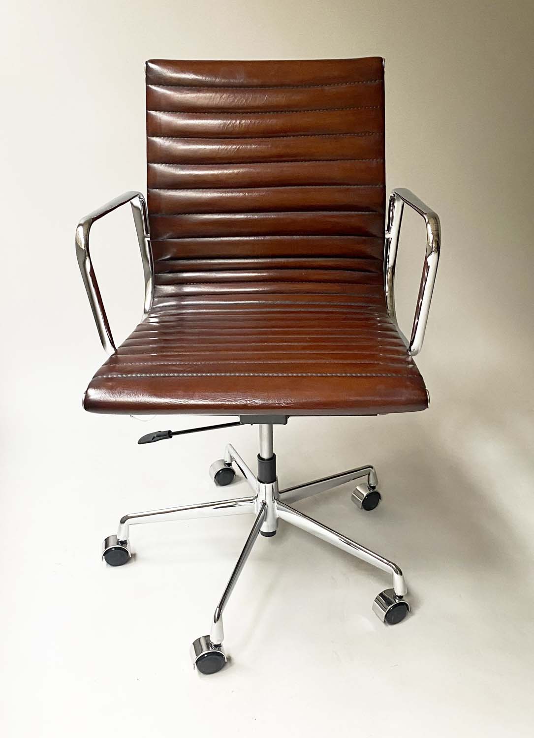 REVOLVING DESK CHAIR, Charles and Ray Eames inspired, with ribbed natural tan leather upholstered - Image 10 of 10