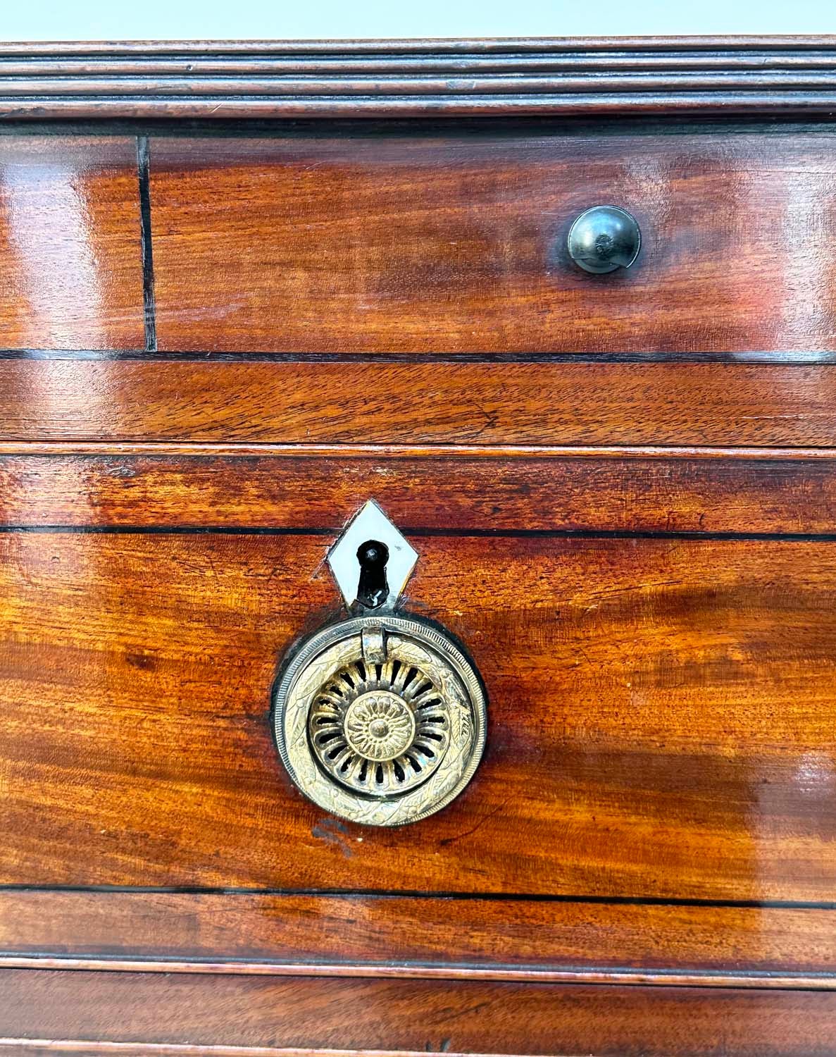 SCOTTISH HALL CHEST, early 19th century figured mahogany of adapted shallow proportions with real - Image 6 of 8