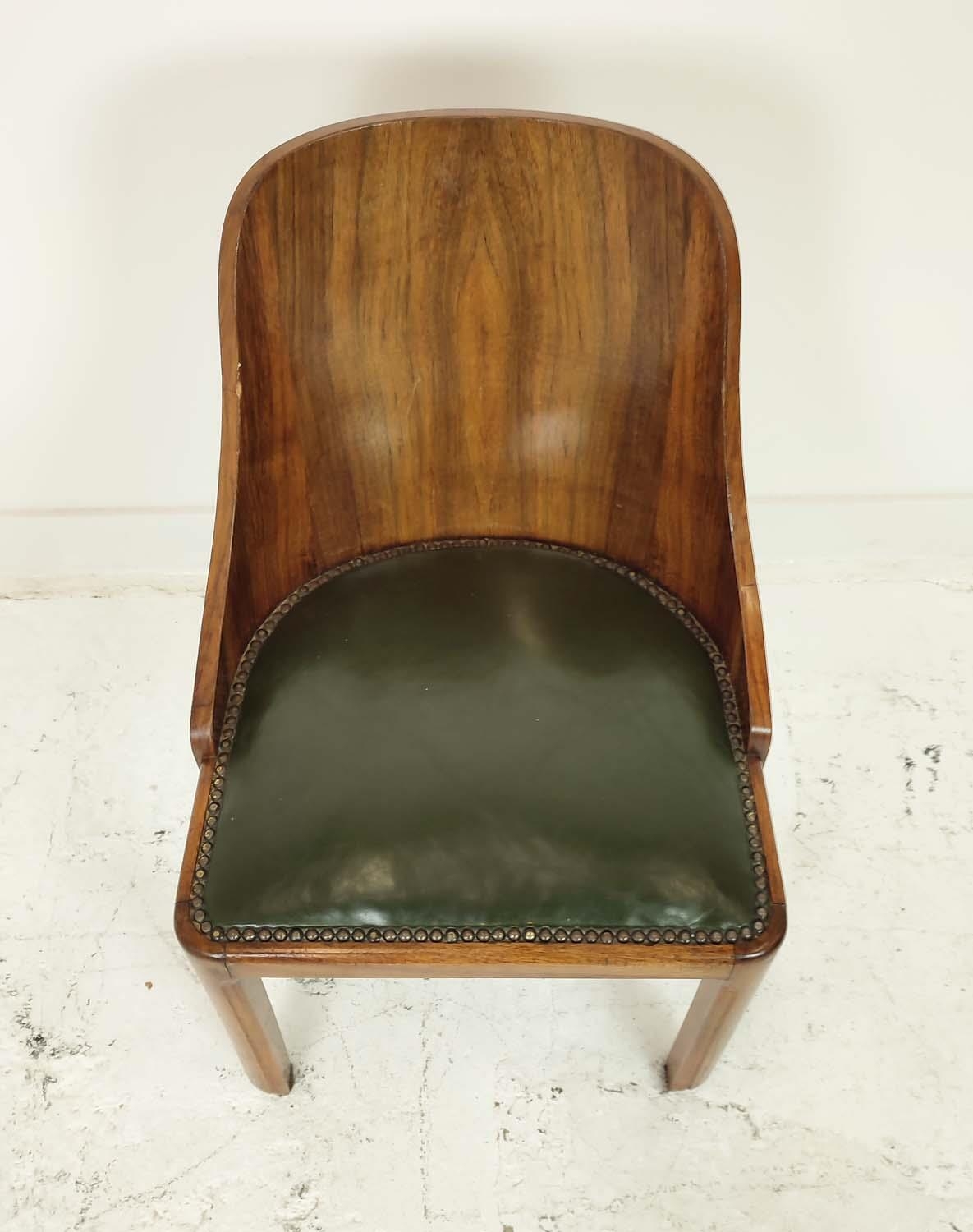 ART DECO DINING CHAIRS, a set of six, walnut, with curved backs and green leather seats, each 49cm W - Image 8 of 10