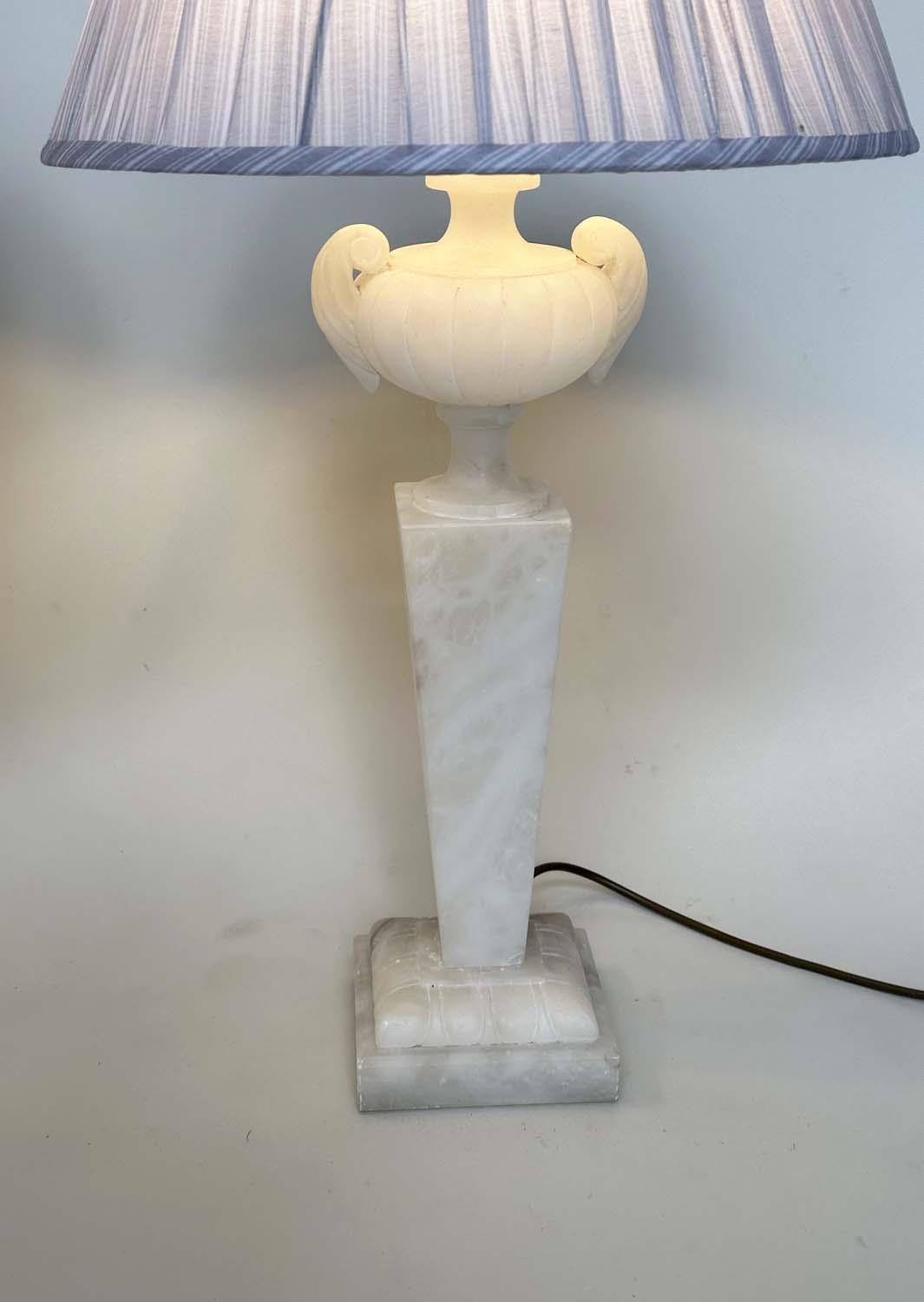 ALABASTER LAMPS, a pair, Italian alabaster each with urn surmount and facetted graduated column, - Image 6 of 8