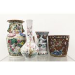 CHINESE PORCELAIN VASES, three including a bottle vase and a GU and I-Hing pottery jardiniere. (4)