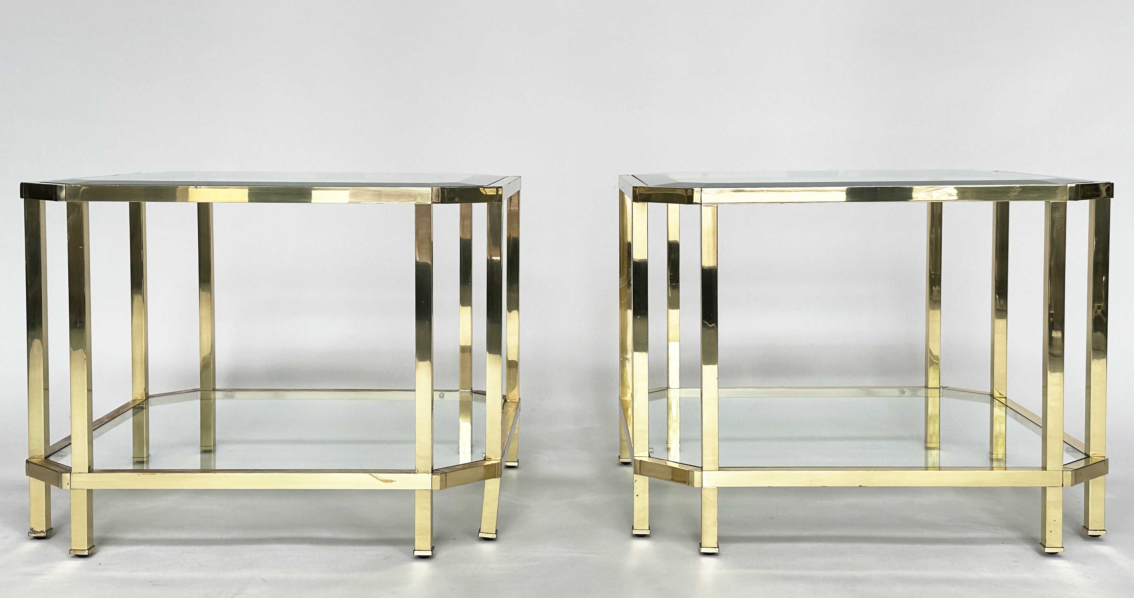 LAMP TABLES, a pair, 1970's gilt metal, square with canted corners and bevelled glass and glazed - Image 2 of 8