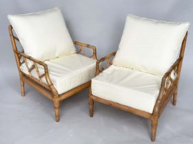 BAMBOO ARMCHAIRS, a pair, rattan, bamboo and cane bound with lattice/trellis backs and twin