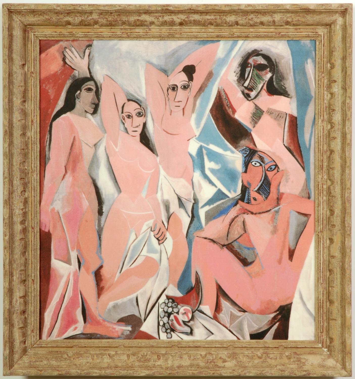 AFTER PABLO PICASSO, Demoiselles D'Avignon on silk, French Montparnasse frame, 53cm x 49.5cm.