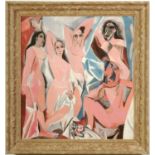 AFTER PABLO PICASSO, Demoiselles D'Avignon on silk, French Montparnasse frame, 53cm x 49.5cm.