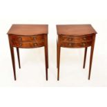 BEDSIDE/LAMP TABLES, a pair, George III design flame mahogany each bowfronted and boxwood strung